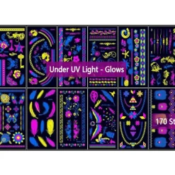 Selvlysende UV midlertidige tatoveringer, Blomster Fjer Vinge UV Neon Tatoveringsklistermærker til voksne