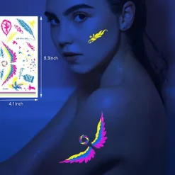 Selvlysende UV midlertidige tatoveringer, Blomster Fjer Vinge UV Neon Tatoveringsklistermærker til voksne
