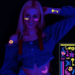 Selvlysende UV midlertidige tatoveringer, Blomster Fjer Vinge UV Neon Tatoveringsklistermærker til voksne