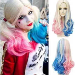 Shengruili Harley Quinn Paryk Kvinde Lang Cosplay Paryk Skurk Quinn Paryk Cosplay Paryk Blond Blå Pink Karneval Halloween Karnevalsfester[GPA]