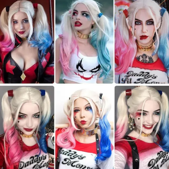 Shengruili Harley Quinn Paryk Kvinde Lang Cosplay Paryk Skurk Quinn Paryk Cosplay Paryk Blond Blå Pink Karneval Halloween Karnevalsfester-FA-