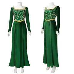 Shrek Cosplay Kostumer 2024 Prinsesse Fiona Trykt Kjole Kvinder Sexy Firkantet Hals Velvet Langærmet Kjole Halloween Karneval Tøj Grøn green S
