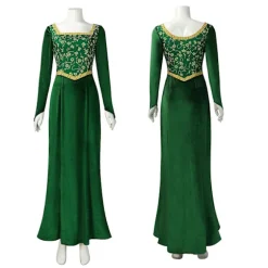 Shrek Cosplay Kostumer 2024 Prinsesse Fiona Trykt Kjole Kvinder Sexy Firkantet Hals Velvet Langærmet Kjole Halloween Karneval Tøj Grøn green S