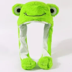 Sjov Frø Plys Hat med Bevægelige Ører, Varm Vinterhue med Halstørklæde Green 58cm (1.90ft)