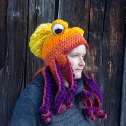 Sjov Hæklede Blæksprutte Hat – Håndlavet Uld Blæksprutte Pandebånd, Party & Hip Hop Vinterhue, Unisex One Size Bright yellow-purple