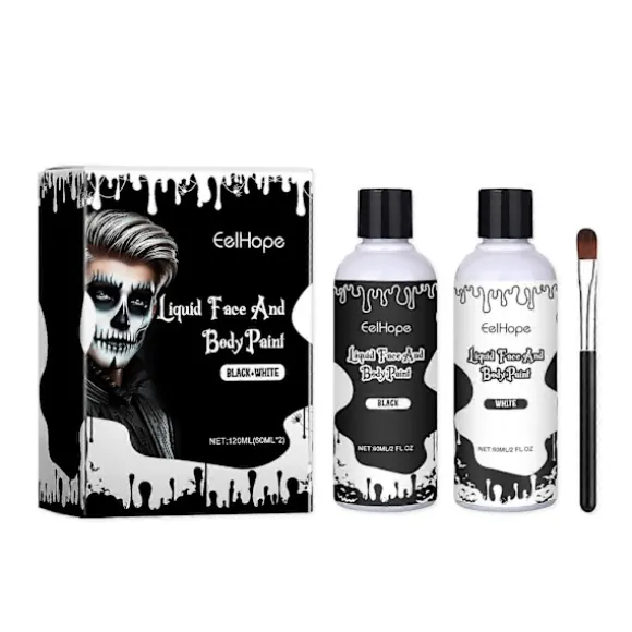 Sort Hvid Ansigtsmaling, 60 ml x 2 Stykker Ansigtsfarve Kropsmaling, Halloween Makeup Sæt med Makeupbørste, Klovne Zombie Vampyr Skelet SFX Makeup til | Fyndiq
