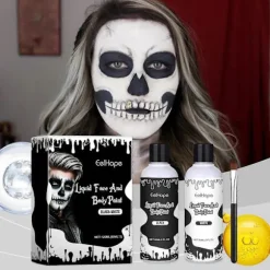 Sort Hvid Ansigtsmaling, 60ml x 2 Stykker Ansigts- og Kropsmaling, Halloween Sminkesæt med Sminkebørste, Klovn Zombie Vampyr Skelet SFX Sminke til