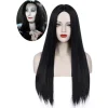 Sort Morticia Addams Paryk Sort Paryk til Morticia Kostume Kvinder Glat Hår Paryk Sød Naturlig Blødt Hår med Parykhætter Co