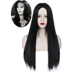 Sort Morticia Addams Paryk Sort Paryk til Morticia Kostume Kvinder Glat Hår Paryk Sød Naturlig Blødt Hår med Parykhætter Co