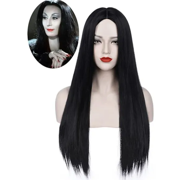 Sort Morticia Addams Paryk Sort Paryk til Morticia Kostume Kvinder Glat Hår Paryk Sød Naturlig Blødt Hår med Parykhætter Co