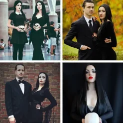 Sort Morticia Addams Paryk Sort Paryk til Morticia Kostume Kvinder Glat Hår Paryk Sød Naturlig Blødt Hår med Parykhætter Co