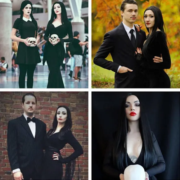 Sort Morticia Addams Paryk Sort Paryk til Morticia Kostume Kvinder Glat Hår Paryk Sød Naturlig Blødt Hår med Parykhætter Co