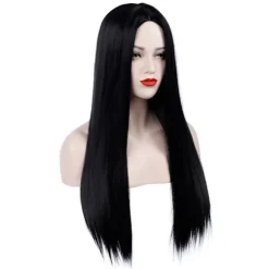 Sort Morticia Addams Paryk Sort Paryk til Morticia Kostume Kvinder Glat Hår Paryk Sød Naturlig Blødt Hår med Parykhætter Co