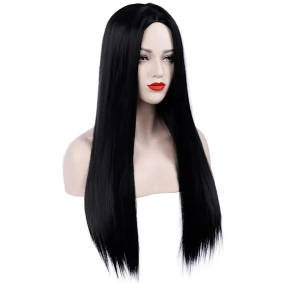 Sort Morticia Addams Paryk Sort Paryk til Morticia Kostume Kvinder Glat Hår Paryk Sød Naturlig Blødt Hår med Parykhætter Co