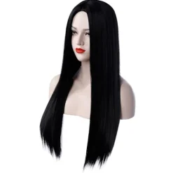 Sort Morticia Addams Paryk Sort Paryk til Morticia Kostume Kvinder Glat Hår Paryk Sød Naturlig Blødt Hår med Parykhætter Co
