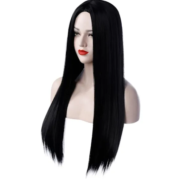 Sort Morticia Addams Paryk Sort Paryk til Morticia Kostume Kvinder Glat Hår Paryk Sød Naturlig Blødt Hår med Parykhætter Co