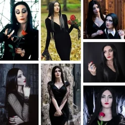 Sort Morticia Addams Paryk Sort Paryk til Morticia Kostume Kvinder Glat Hår Paryk Sød Naturlig Blødt Hår med Parykhætter Co