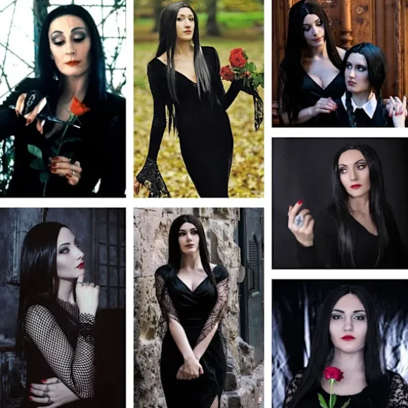 Sort Morticia Addams Paryk Sort Paryk til Morticia Kostume Kvinder Glat Hår Paryk Sød Naturlig Blødt Hår med Parykhætter Co