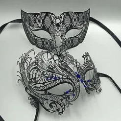 Sort Sølv Guld Metal Filigran Laserskåret Par Venetiansk Maskerade Maske Bryllup Balmaske Halloween Maskerade Kostume Maske Sæt Sort Blå Diamant Black Blue Diamond | Fyndiq