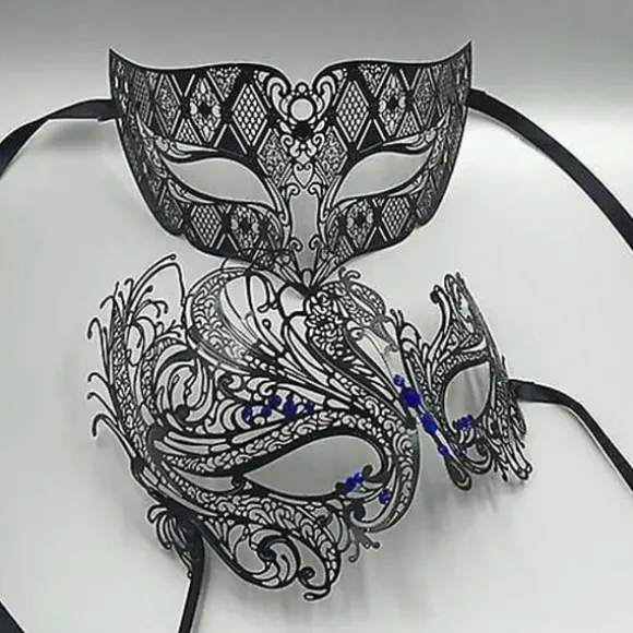 Sort Sølv Guld Metal Filigran Laserskåret Par Venetiansk Maskerade Maske Bryllup Balmaske Halloween Maskerade Kostume Maske Sæt Sort Blå Diamant Black Blue Diamond | Fyndiq