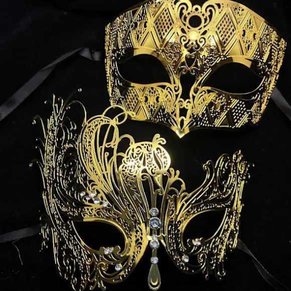 Sort Sølv Guld Metal Filigran Laserskåret Par Venetiansk Maskerade Maske Bryllup Balmaske Halloween Maskerade Kostume Maske Sæt Sort Blå Diamant Black Blue Diamond | Fyndiq