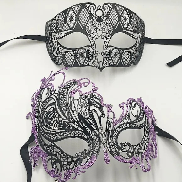 Sort Sølv Guld Metal Filigran Laserskåret Par Venetiansk Maskerade Maske Bryllup Balmaske Halloween Maskerade Kostume Maske Sæt Sort Blå Diamant Black Blue Diamond | Fyndiq