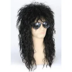 Sort top herre 80'er mullet paryk rocker punk popstjerne paryk sort