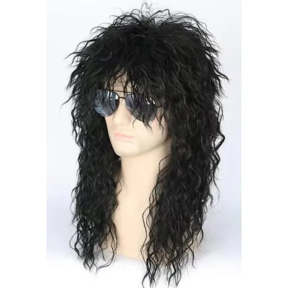 Sort top herre 80'er mullet paryk rocker punk popstjerne paryk sort
