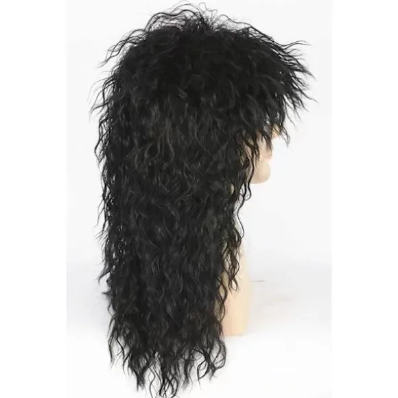 Sort top herre 80'er mullet paryk rocker punk popstjerne paryk sort