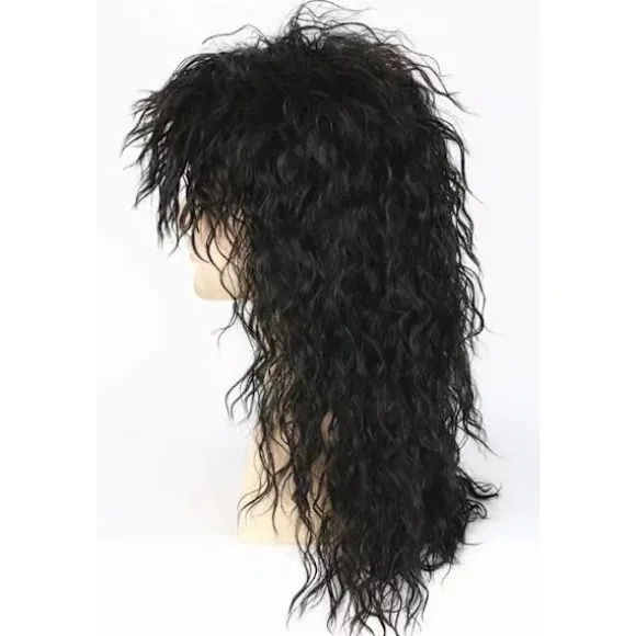 Sort top herre 80'er mullet paryk rocker punk popstjerne paryk sort