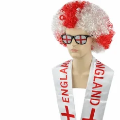 Sportsfan-kostumesæt med krøllet paryk, tørklæde og festbriller, flagfarvede udklædningstilbehør til kampe, fester, festivaler England