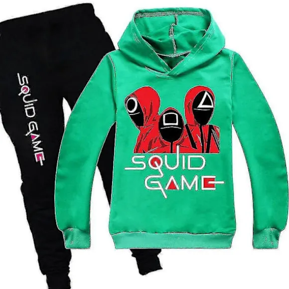 Squid Game Børne Sports Træningsdragt Sæt Hættetrøje Bukser Outfit Tøj Green 15-16 Years
