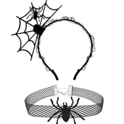 Sæt med 2 Halloween-kostumer, edderkoppehalskæde + uhyggelig græskarhovedbøjle
