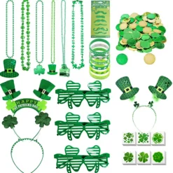 St. Patricks dag dekorationer med grønne briller, halskæder, pandebånd, armbånd, mønter, tatoveringer, klistermærker til St. Patricks dag