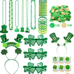 St. Patricks dag dekorationer med grønne briller, halskæder, pandebånd, armbånd, mønter, tatoveringer, klistermærker til St. Patricks dag