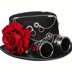 Steampunk Tophat - Gotisk-inspireret, Mat Sort, Aftagelig Rød Rose, Jazz Fedora Stil med Brillegruppe Gear - Perfekt til Kvinders Halloween (FMY) Head Circumference22.8-23.2" | Fyndiq