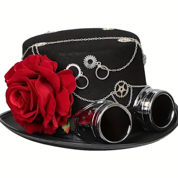 Steampunk Tophat - Gotisk-inspireret, Mat Sort, Aftagelig Rød Rose, Jazz Fedora Stil med Brillegruppe Gear - Perfekt til Kvinders Halloween (FMY) Head Circumference22.8-23.2" | Fyndiq