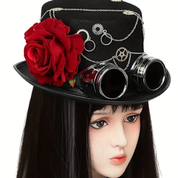 Steampunk Tophat - Gotisk-inspireret, Mat Sort, Aftagelig Rød Rose, Jazz Fedora Stil med Brillegruppe Gear - Perfekt til Kvinders Halloween (FMY) Head Circumference22.8-23.2" | Fyndiq