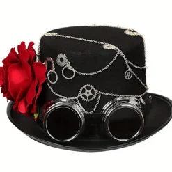 Steampunk Tophat - Gotisk-inspireret, Mat Sort, Aftagelig Rød Rose, Jazz Fedora Stil med Brillegruppe Gear - Perfekt til Kvinders Halloween (FMY) Head Circumference22.8-23.2