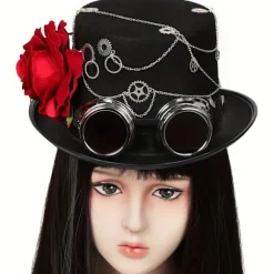Steampunk Tophat - Gotisk-inspireret, Mat Sort, Aftagelig Rød Rose, Jazz Fedora Stil med Brillegruppe Gear - Perfekt til Kvinders Halloween (FMY) Head Circumference22.8-23.2