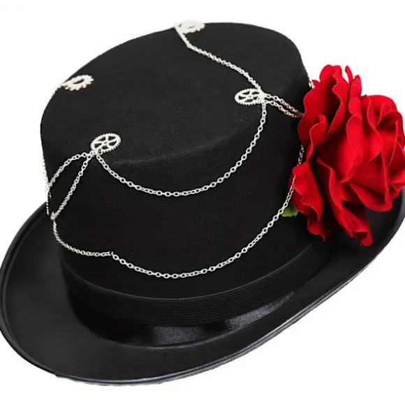 Steampunk Tophat - Gotisk-inspireret, Mat Sort, Aftagelig Rød Rose, Jazz Fedora Stil med Brillegruppe Gear - Perfekt til Kvinders Halloween (FMY) Head Circumference22.8-23.2" | Fyndiq