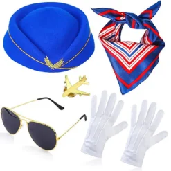 Stewardesse Kostume Stewardesse Hat Solbriller Broche Nål Stewardesse Handsker Stewardesse Halstørklæde Stewardesse Tilbehør Set of 5 blue hats