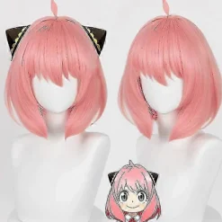 Stilfuld Anya Forger Pink Kort Hår Cosplay Paryk med Gratis Hætte til Anime Entusiaster