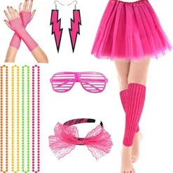 6stk Dame 80'er Pink Neon Cosplay Kostume Halloween Masquerade