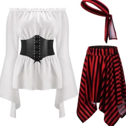 Stk. Dame Piratkostume Cosplay Renæssance Bluse Toppe Korset Taljebælte Pirat Nederdel Striber Hovedtørklæde White S Size
