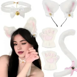 stk./sæt Kattekostume Cosplay Tilbehør Sæt Plys Materiale Katteører Hårbøjle Klokke Halsbånd Klopoter Halessæt Hvid One Size White