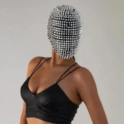 Studded Spikes Full Face Jewel Margiela Ansigtsmaske Til Halloween Cosplay Sjov Silver