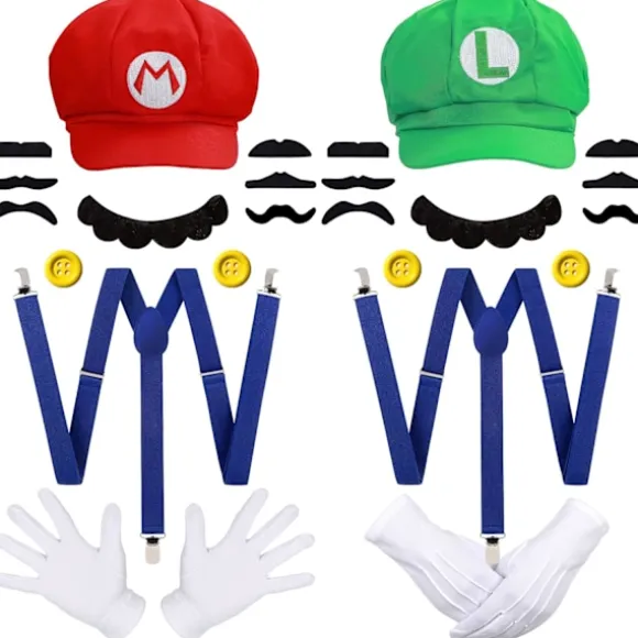 Super Mario Bros Mario og Luigi Hatte Keps Caps Mustascher Handsker Knapper Cosplay Kostume