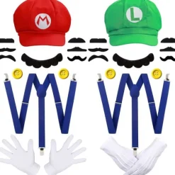 Super Mario Bros Mario og Luigi Hatte Keps Caps Mustascher Handsker Knapper Cosplay Kostume