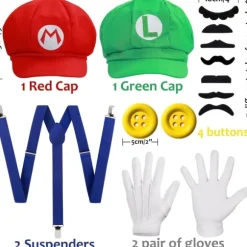 Super Mario Bros Mario og Luigi Hatte Kepsar Overskæg Handsker Knapper Cosplay Kostume